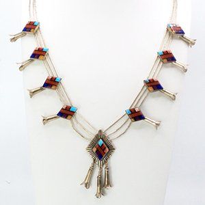 QT Quoc Signed Designer Sterling Silver Multistone Inlay Squash Blossom Necklace